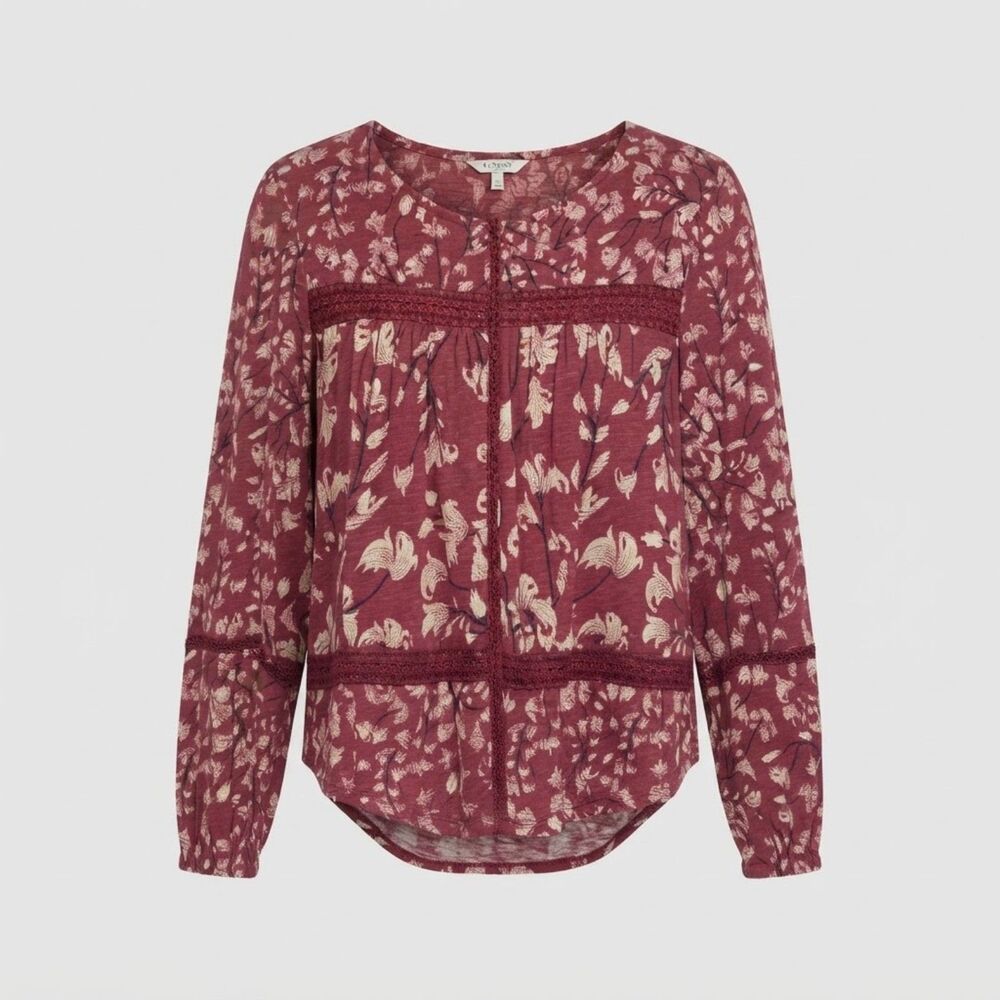 Lucky Brand Maroon Floral Long Sleeve Boho Blouse Size S